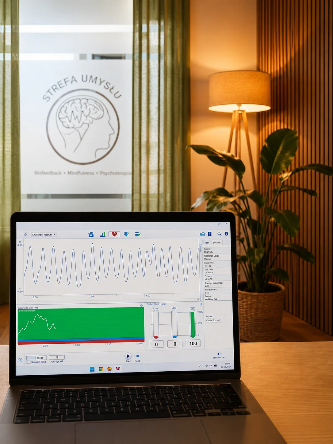 Gabinet Strefa Umysłu — laptop z biofeedback, lampa, naturalne wnętrze